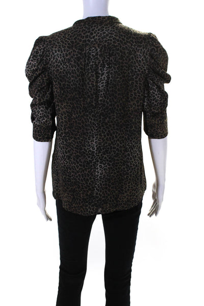 Frame Womens Leopard Print Standing Collar Short Sleeve Top Blouse Brown Small