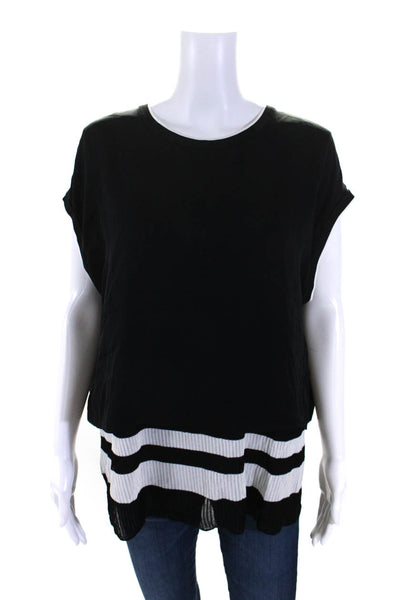 Vince Womens Sleeveless Crew Neck Tiered Blouse Black White Size Large
