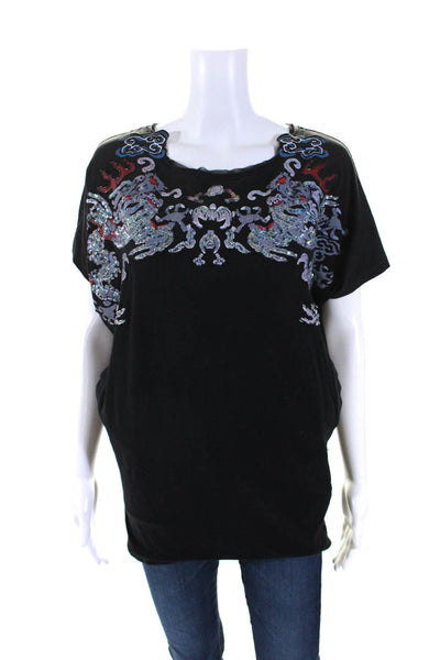 Vivienne Tam Womens Embellished Front Pocket T Shirt Black Size Small