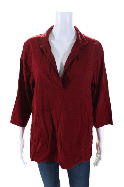 Eileen Fisher Womens Collared 3/4 Sleeve Front Pocket Blouse Red Size Small