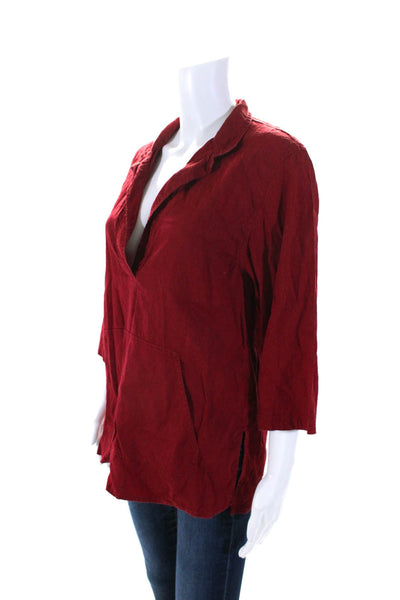 Eileen Fisher Womens Collared 3/4 Sleeve Front Pocket Blouse Red Size Small