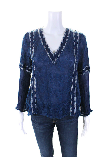 Alice + Olivia Womens V Neck Long Sleeve Embroidered Top Blue Size Small