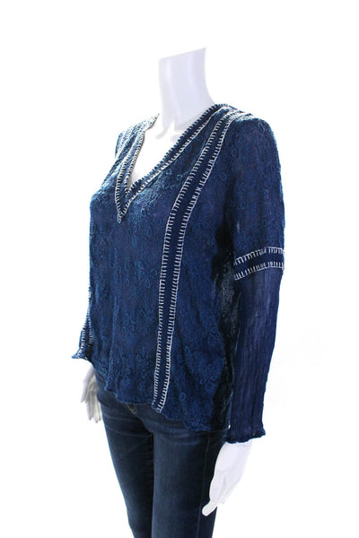 Alice + Olivia Womens V Neck Long Sleeve Embroidered Top Blue Size Small