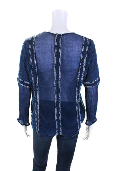 Alice + Olivia Womens V Neck Long Sleeve Embroidered Top Blue Size Small