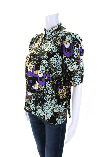 Ted Baker Womens Collared Short Sleeve Floral Print Blouse Black Size 0