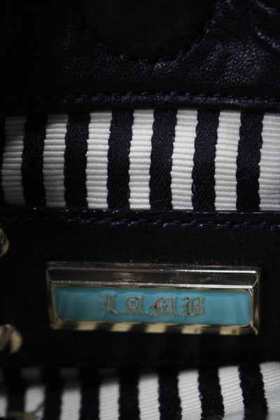 L.A.M.B. Womens Striped Darted Zipped Medallion Tassel Crossbody Handbag Black
