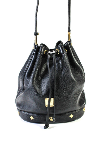 MCM Womens Leather Grommet Studded Medallion Drawstring Bucket Handbag Black