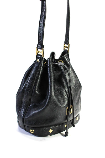 MCM Womens Leather Grommet Studded Medallion Drawstring Bucket Handbag Black