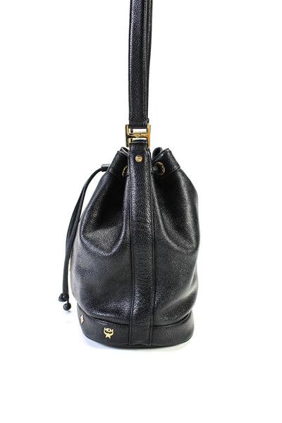 MCM Womens Leather Grommet Studded Medallion Drawstring Bucket Handbag Black