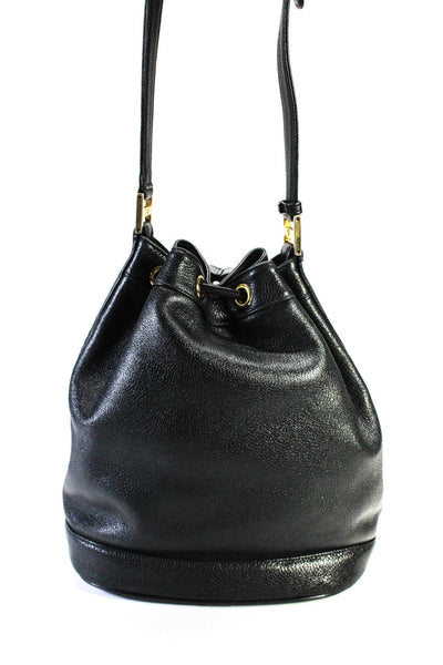 MCM Womens Leather Grommet Studded Medallion Drawstring Bucket Handbag Black