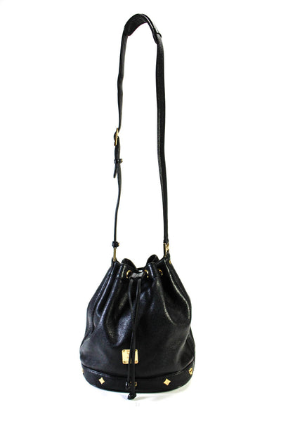 MCM Womens Leather Grommet Studded Medallion Drawstring Bucket Handbag Black