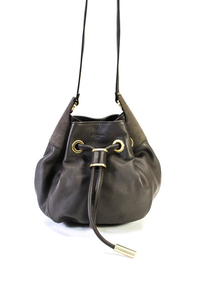 L.K. Bennett Womens Leather Grommet Stud Drawstring Shoulder Bucket Handbag Gray