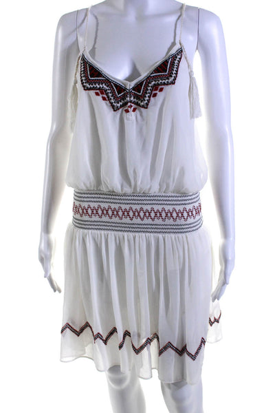 Free People Womens Embroidered Smocked Waist V Neck A Line Dress White Medium