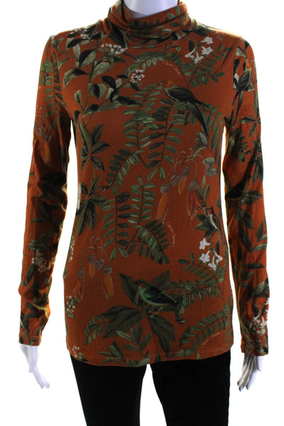 Cara Cara Womens Long Sleeve Turtleneck Floral Shirt Brown Green Size XS