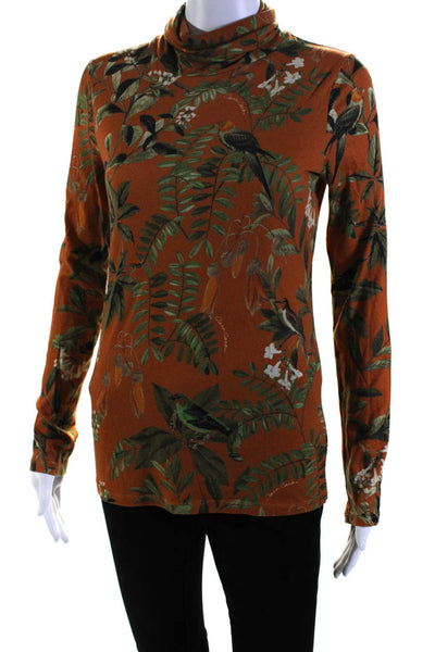 Cara Cara Womens Long Sleeve Turtleneck Floral Shirt Brown Green Size XS