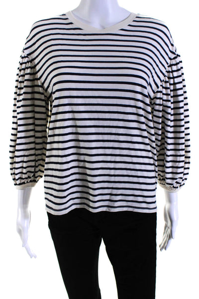 Clare V Womens 3/4 Sleeve Scoop Neck Striped Tee Shirt White Navy Cotton Size XS