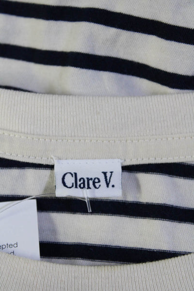 Clare V Womens 3/4 Sleeve Scoop Neck Striped Tee Shirt White Navy Cotton Size XS