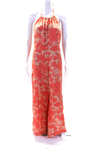 Alexis Womens Orange Floral Halter Sleeveless Wide Leg Tie Jumpsuit Size L