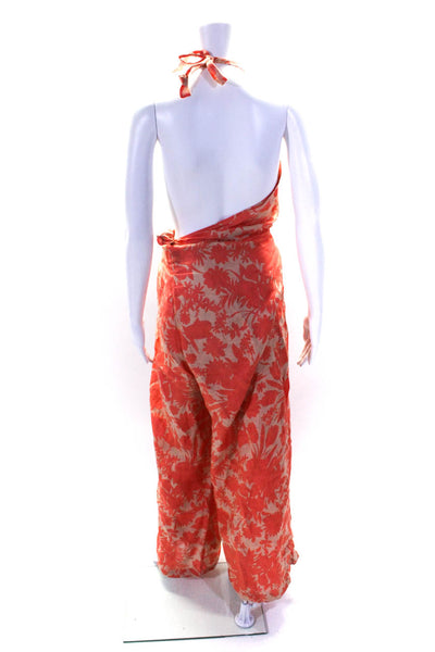 Alexis Womens Orange Floral Halter Sleeveless Wide Leg Tie Jumpsuit Size L