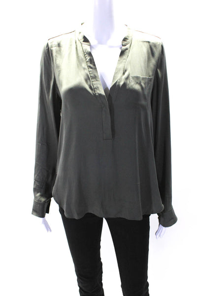 Vince Womens Solid Dark Gray Silk V-Neck Long Sleeve Blouse Top Size 8