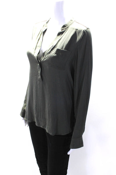 Vince Womens Solid Dark Gray Silk V-Neck Long Sleeve Blouse Top Size 8