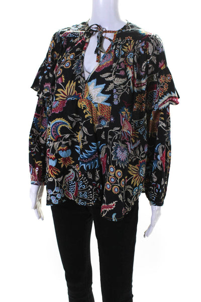 Rachel Comey Womens Cotton Floral Tie Front V-Neck Blouse Top Black Size 2