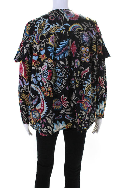 Rachel Comey Womens Cotton Floral Tie Front V-Neck Blouse Top Black Size 2