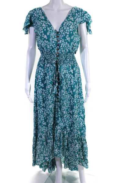 Tiare Hawaii Womens Floral Print Buttoned Tied Backless Maxi Dress Blue Size M/L