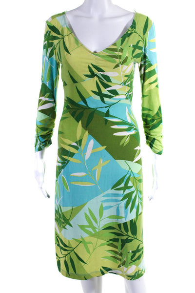 BCBG Max Azria Womens Floral Print Colorblock V-Neck Sheath Dress Green Size M