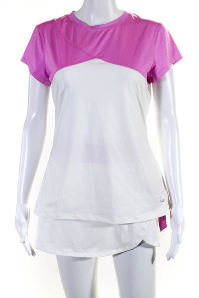 Fila Womens Colorblock Short Sleeve Athletic Pullover Top Skirt Set Pink Size M