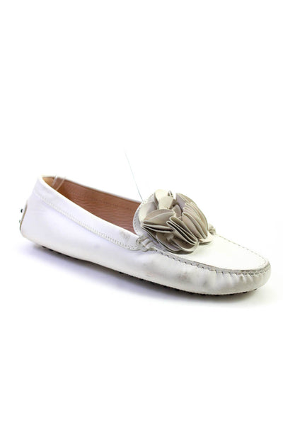 Tods Womens Leather Ruffle Detail Round Toe Moccasins Flats White Size 39 9