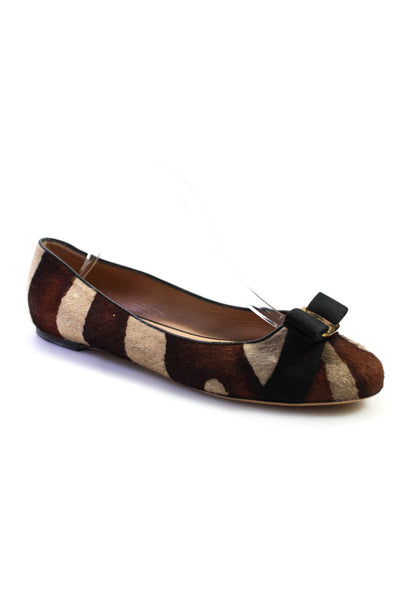 Salvatore Ferragamo Womens Striped Bow Detail Round Toe Flats Brown Size 10.5