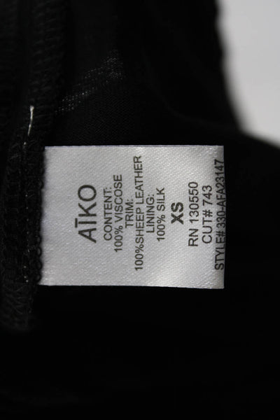 AIKO Womens Silk Jersey Leather V-Neck Sleeveless A-Line Dress Black Size XS