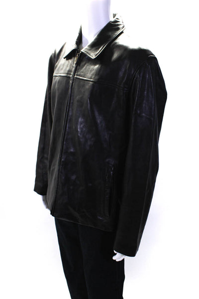 Cole Haan Mens Leather Collared Long Sleeve Zipped Casual Jacket Black Size XL