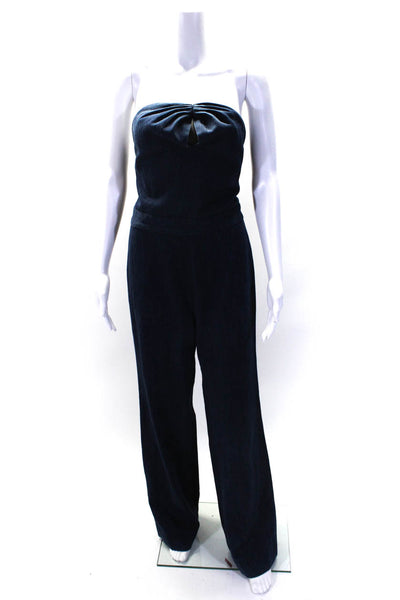 Josie Natori Womens Blue Dark Wash Cotton One Shoulder Denim Jumpsuit Size 10