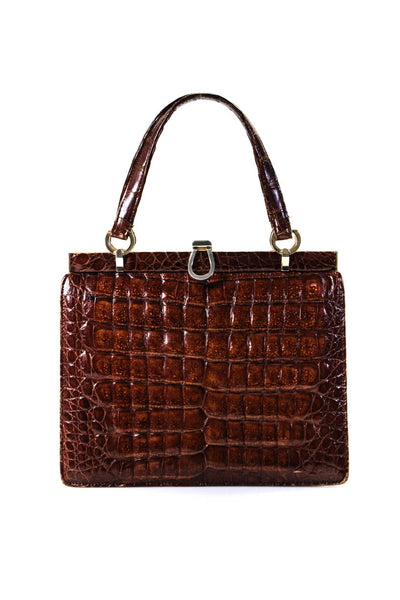 Harrods Womens Embossed Leather Gold Tone Top Handle Shoulder Handbag Brown