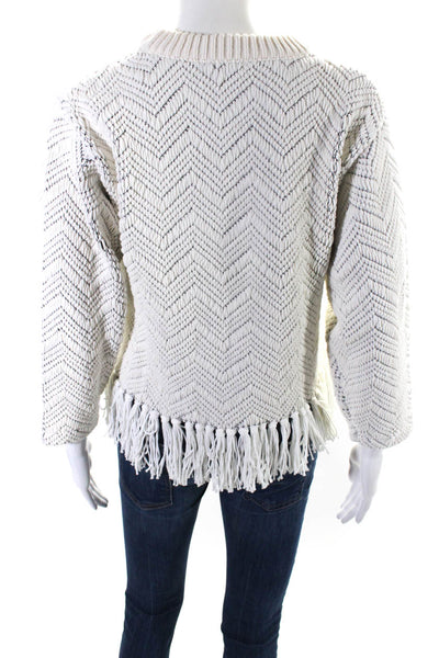 Joie Womens Cotton Textured Knit Fringe Hem Crew Neck Sweater Top White Size XS