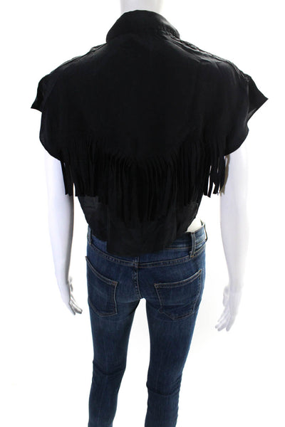 Jens Pirate Booty Womens Silk Fringe Sleeveless Collared Crop Top Black Size XS