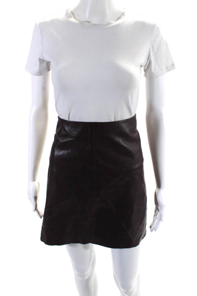 Theory Women's Hook Closure Lined A-Line Leather Mini Skirt Burgundy Size 8