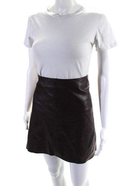 Theory Women's Hook Closure Lined A-Line Leather Mini Skirt Burgundy Size 8