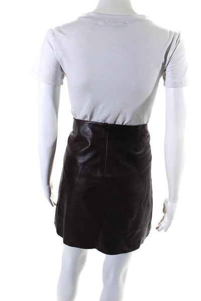 Theory Women's Hook Closure Lined A-Line Leather Mini Skirt Burgundy Size 8