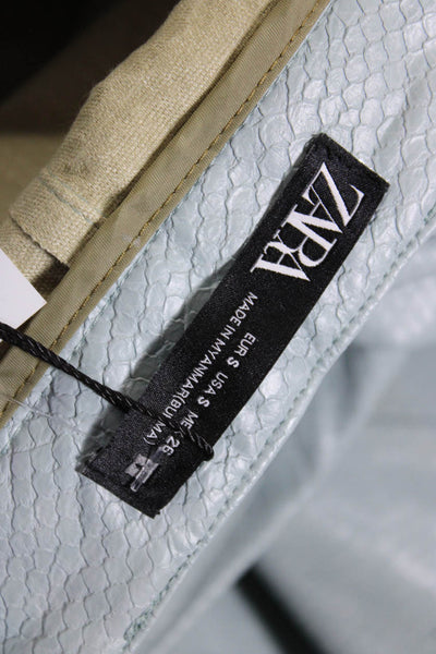 Zara Womens Animal Print Embossed Buttoned Zipped Straight Leg Pants Blue Size S