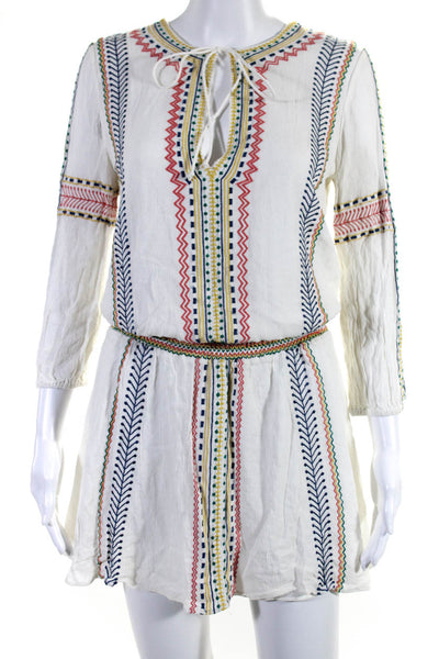 Alice + Olivia Womens Embroidered Striped Print V-Neck Tied Dress White Size 4