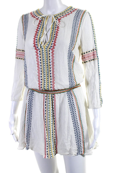 Alice + Olivia Womens Embroidered Striped Print V-Neck Tied Dress White Size 4
