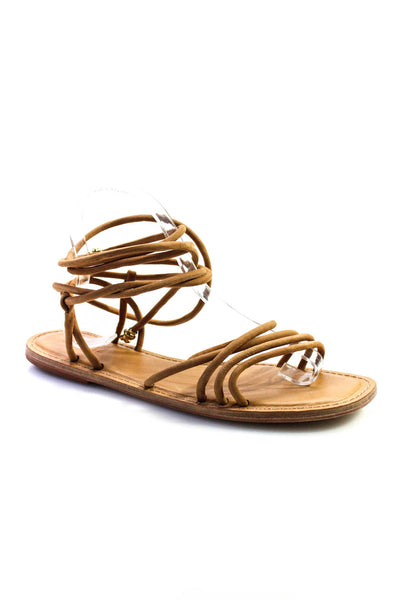 Schutz Women's Open Toe Strappy Ankle Wrap Flat Leather Sandals Camel Size 10