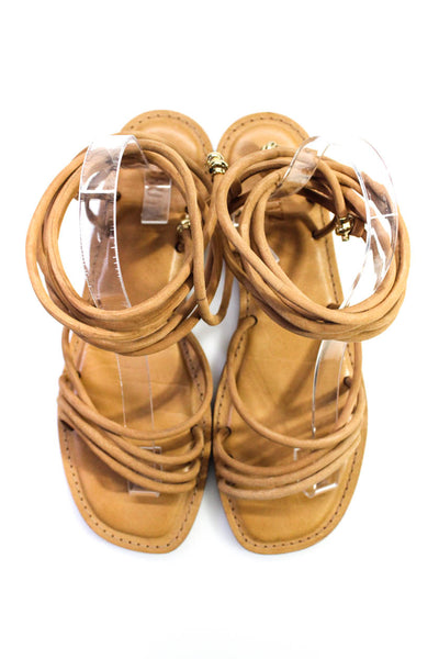 Schutz Women's Open Toe Strappy Ankle Wrap Flat Leather Sandals Camel Size 10