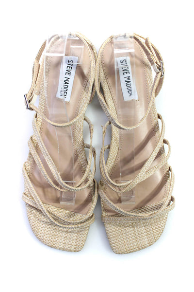 Steve Madden Women's Square Toe Strappy Ankle Buckle Flat Sandals Beige Size 10