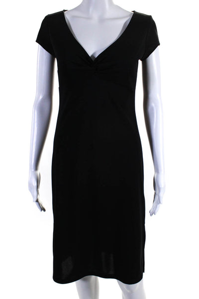 BCBG Dress Womens Stretch V-Neck Short Sleeve Knee Length Dress Black Size S