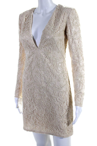 SHO Womens V-Neck Long Sleeves Sequin Embroidered Fitted Mini Dress Beige Size 4