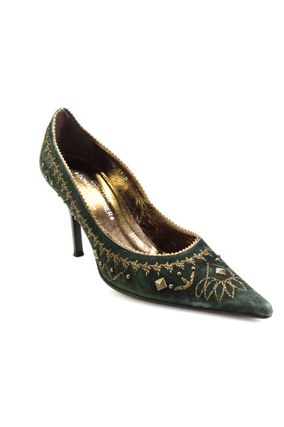 Donald J Pliner Womens Suede Embroidered Pointed Toe Heels Pumps Green Size 11M